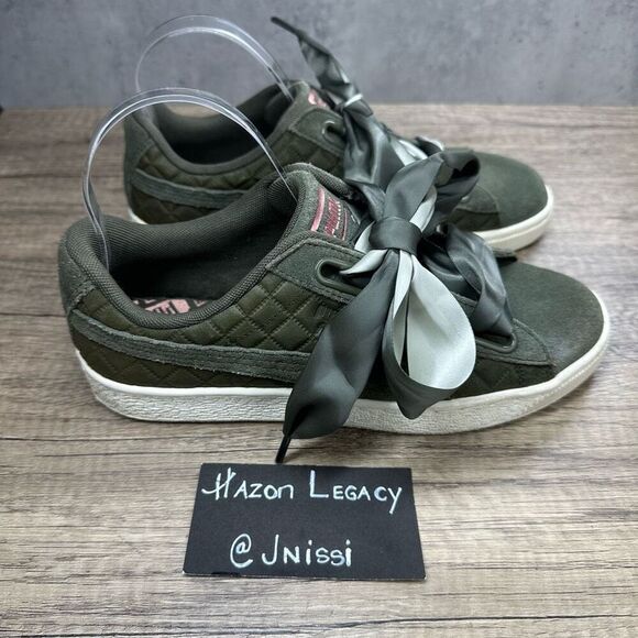 Puma~Women’s~ Olive Green Suede Basket Heart Quilted Casual Sneakers~Size 8.5 - Picture 2 of 8